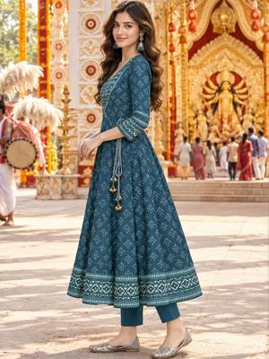 women ethnic motifs printed angrakha  cotton kurta & trousers & dupatta 2