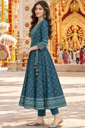 women ethnic motifs printed angrakha  cotton kurta & trousers & dupatta