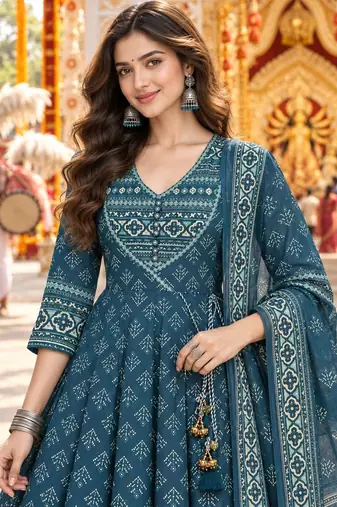 women ethnic motifs printed angrakha  cotton kurta & trousers & dupatta