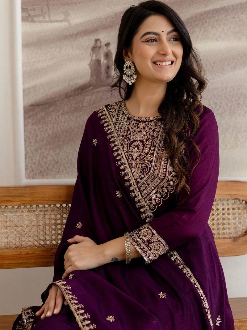 women ethnic motifs embroidered regular  silk kurta with trousers & with dupatta