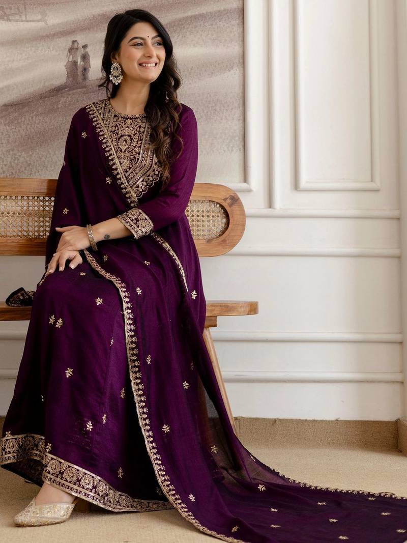 women ethnic motifs embroidered regular  silk kurta with trousers & with dupatta