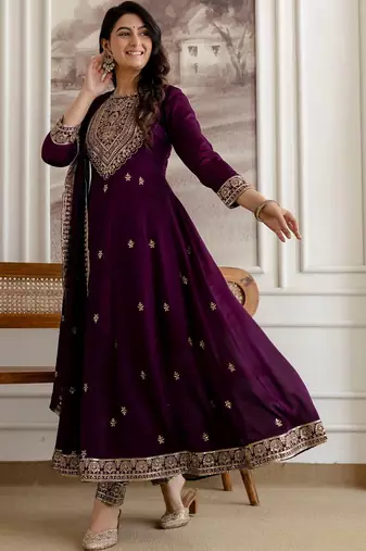 women ethnic motifs embroidered regular  silk kurta with trousers & with dupatta