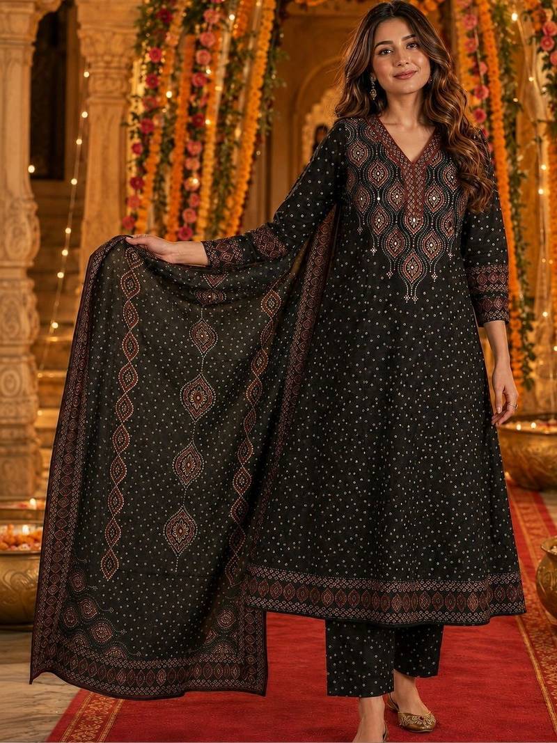 women ethnic motifs printed regular  cotton kurta with trousers & with dupatta