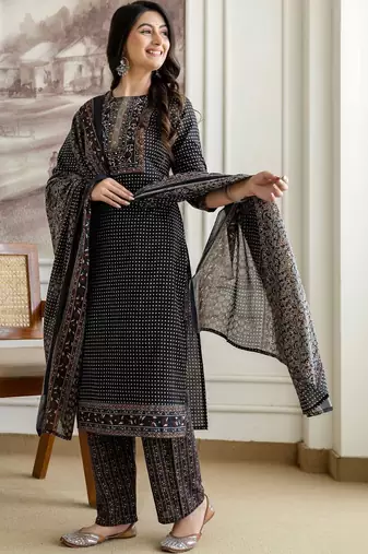 women ethnic motifs printed regular sequinned  cotton kurta with trousers & with dupatta