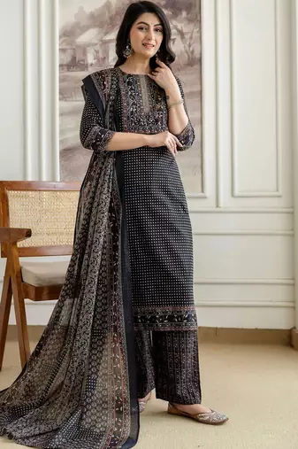 women ethnic motifs printed regular sequinned  cotton kurta with trousers & with dupatta