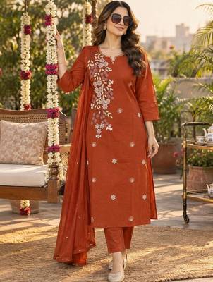 women floral embroidered regular thread work  cotton kurta with trousers & with dupatta 1