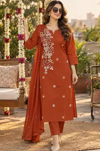 women floral embroidered regular thread work  cotton kurta with trousers & with dupatta