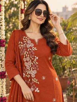 women floral embroidered regular thread work  cotton kurta with trousers & with dupatta 2
