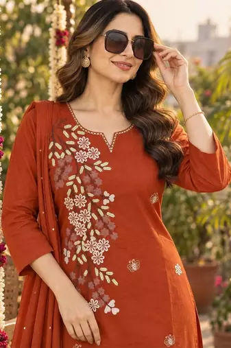 women floral embroidered regular thread work  cotton kurta with trousers & with dupatta