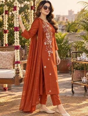women floral embroidered regular thread work  cotton kurta with trousers & with dupatta 4