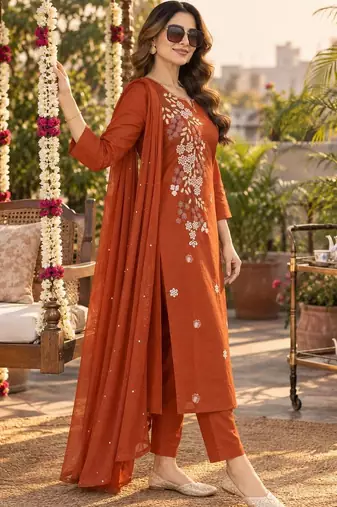 women floral embroidered regular thread work  cotton kurta with trousers & with dupatta