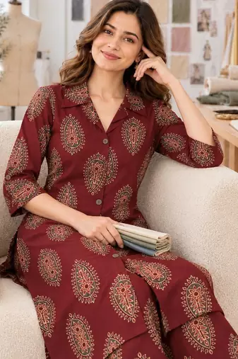 women ethnic motifs printed regular  cotton kurta with palazzos
