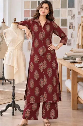 women ethnic motifs printed regular  cotton kurta with palazzos