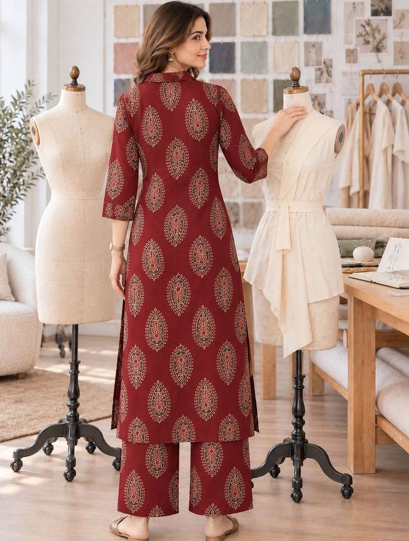 women ethnic motifs printed regular  cotton kurta with palazzos