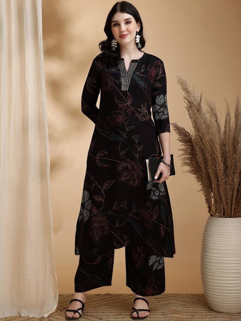 women floral printed regular sequinned a-line kurta with palazzos