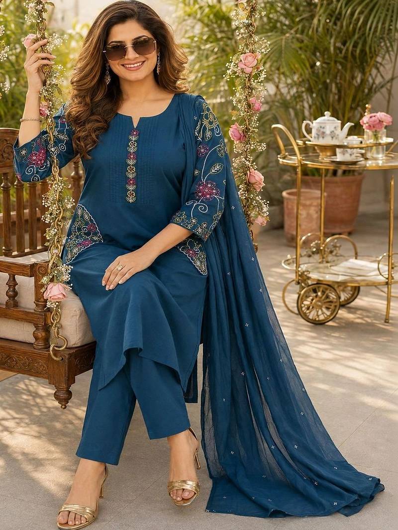 women ethnic motifs embroidered regular thread work  cotton kurta with trousers & with