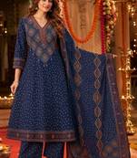 women ethnic motifs printed regular  cotton kurta with palazzos & with dupatta