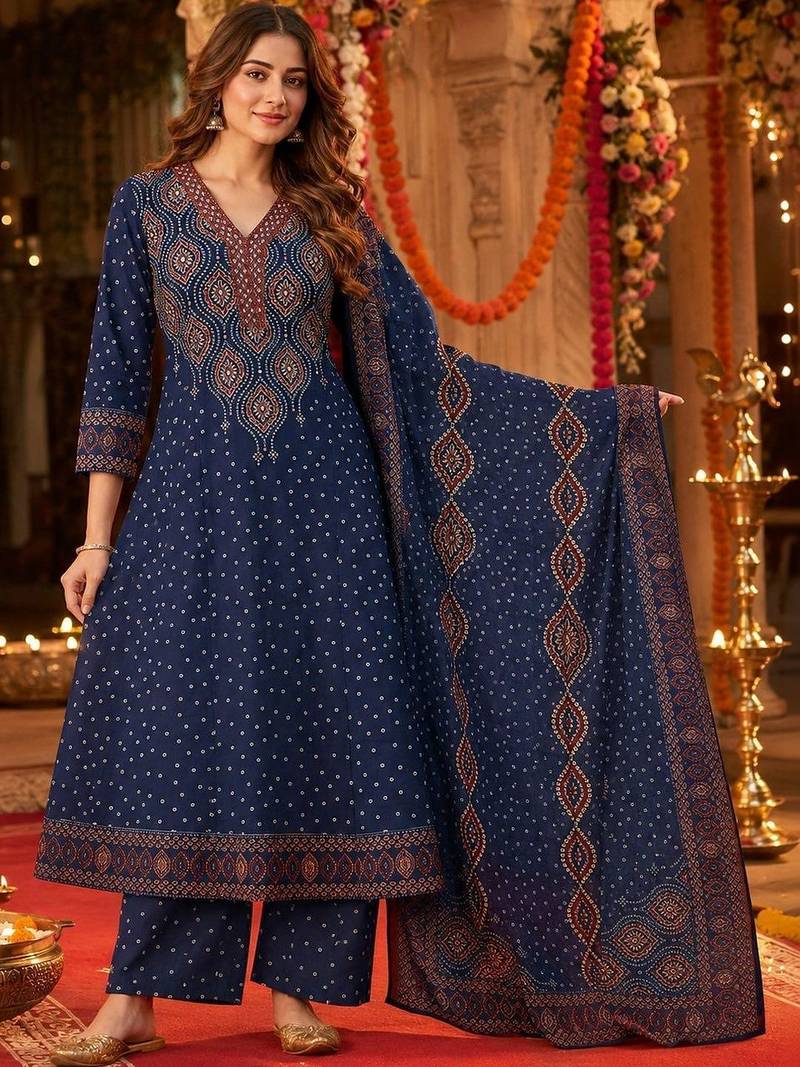 women ethnic motifs printed regular  cotton kurta with palazzos & with dupatta