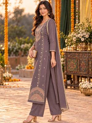 women ethnic motifs embroidered regular thread work kurta with palazzos & with dupatta 3