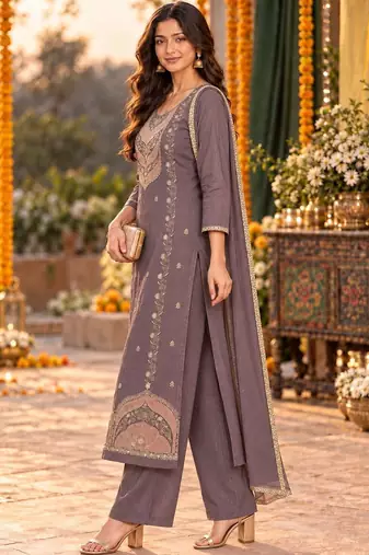 women ethnic motifs embroidered regular thread work kurta with palazzos & with dupatta