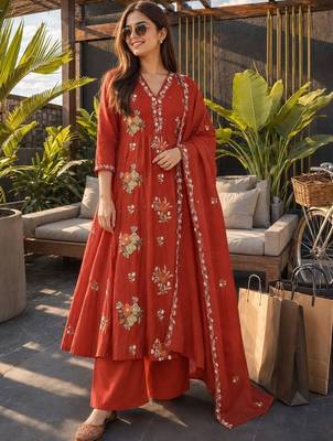 women floral embroidered thread work cotton kurta with palazzos & dupatta 1