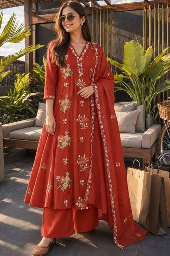 women floral embroidered thread work cotton kurta with palazzos & dupatta