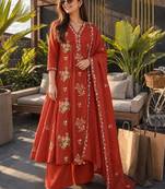 women floral embroidered thread work cotton kurta with palazzos & dupatta
