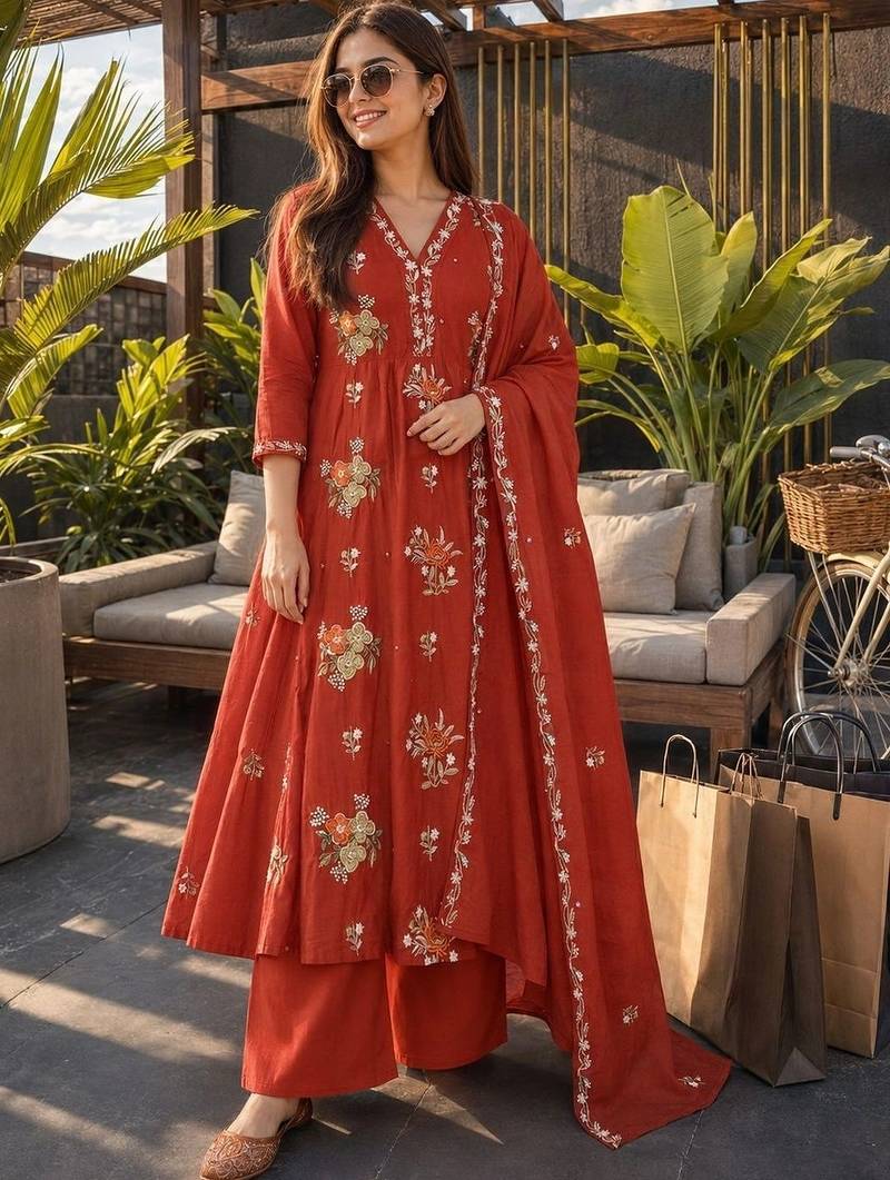 women floral embroidered thread work cotton kurta with palazzos & dupatta