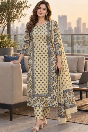 women floral printed regular  cotton kurta with trousers & with dupatta