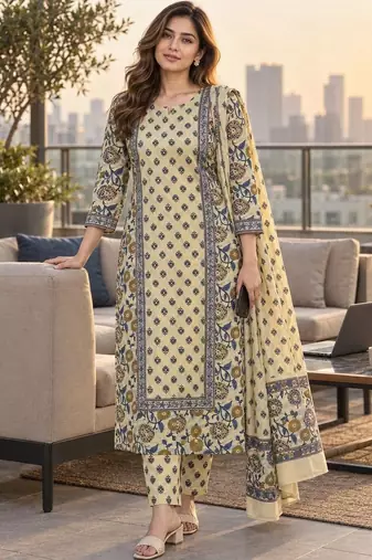 women floral printed regular  cotton kurta with trousers & with dupatta