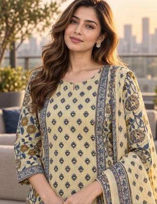 women floral printed regular  cotton kurta with trousers & with dupatta 4