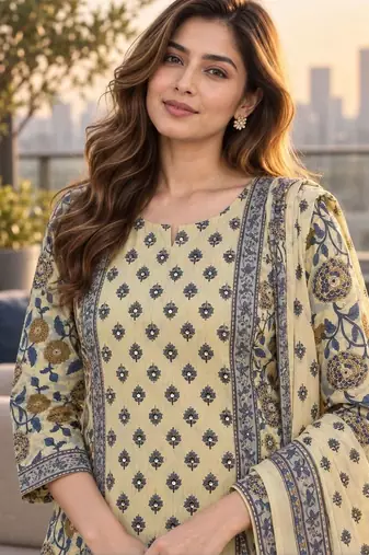women floral printed regular  cotton kurta with trousers & with dupatta
