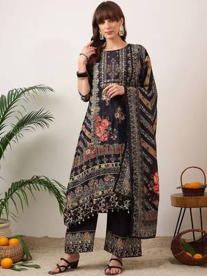 ethnic motifs printed straight kurta with palazzos & dupatta 1