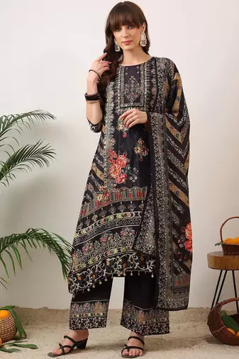 ethnic motifs printed straight kurta with palazzos & dupatta