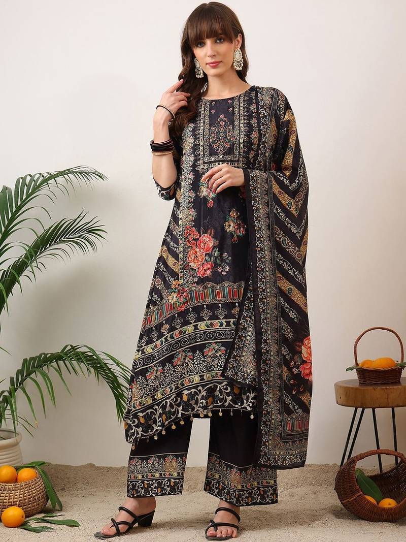 ethnic motifs printed straight kurta with palazzos & dupatta