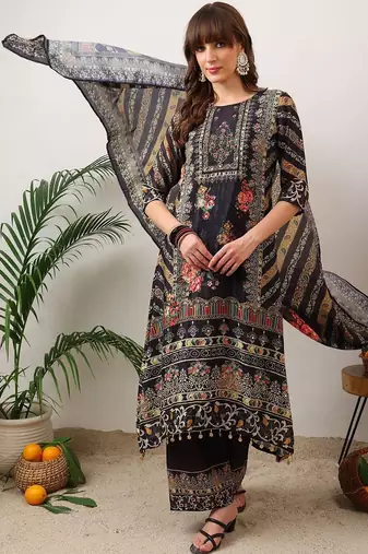 ethnic motifs printed straight kurta with palazzos & dupatta