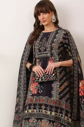 ethnic motifs printed straight kurta with palazzos & dupatta
