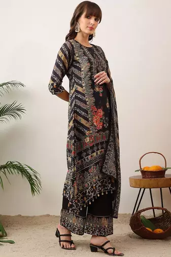 ethnic motifs printed straight kurta with palazzos & dupatta
