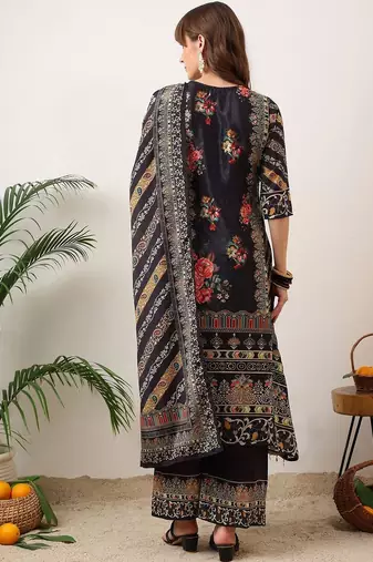 ethnic motifs printed straight kurta with palazzos & dupatta
