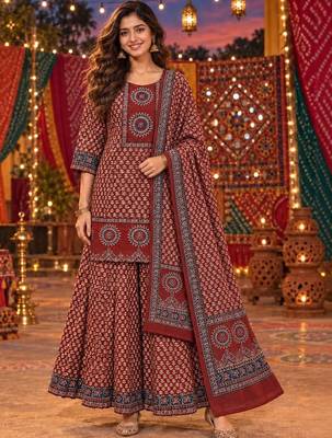 women ethnic motifs printed regular  cotton kurta with sharara & with dupatta 1