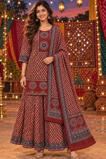 women ethnic motifs printed regular  cotton kurta with sharara & with dupatta