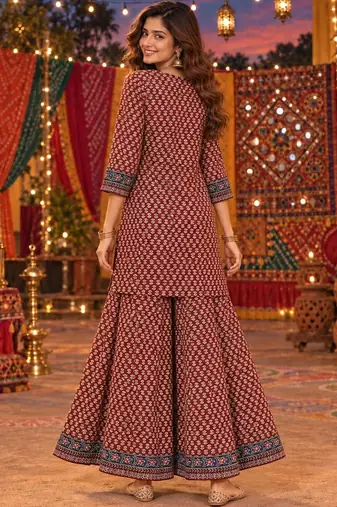 women ethnic motifs printed regular  cotton kurta with sharara & with dupatta