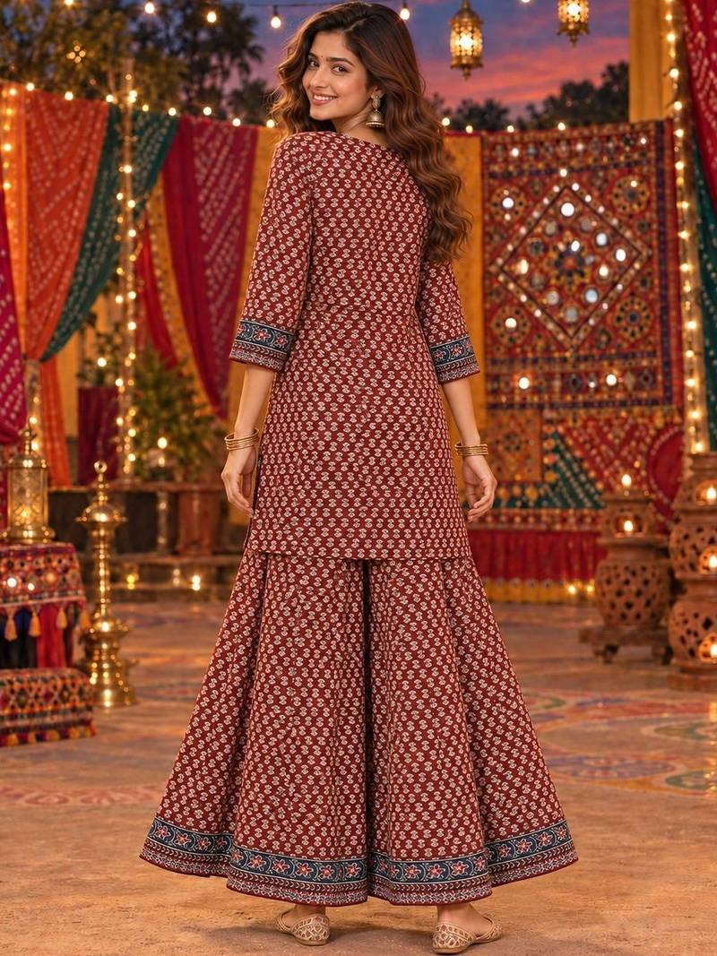 women ethnic motifs printed regular  cotton kurta with sharara & with dupatta