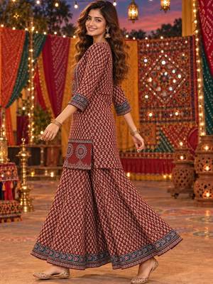 women ethnic motifs printed regular  cotton kurta with sharara & with dupatta 4