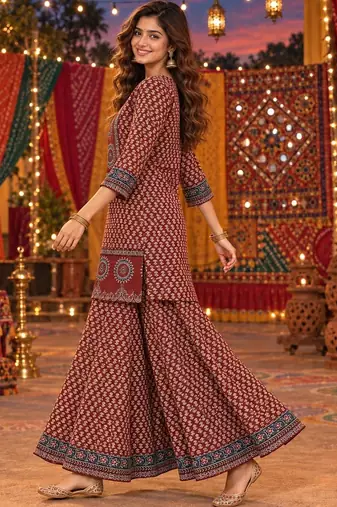 women ethnic motifs printed regular  cotton kurta with sharara & with dupatta