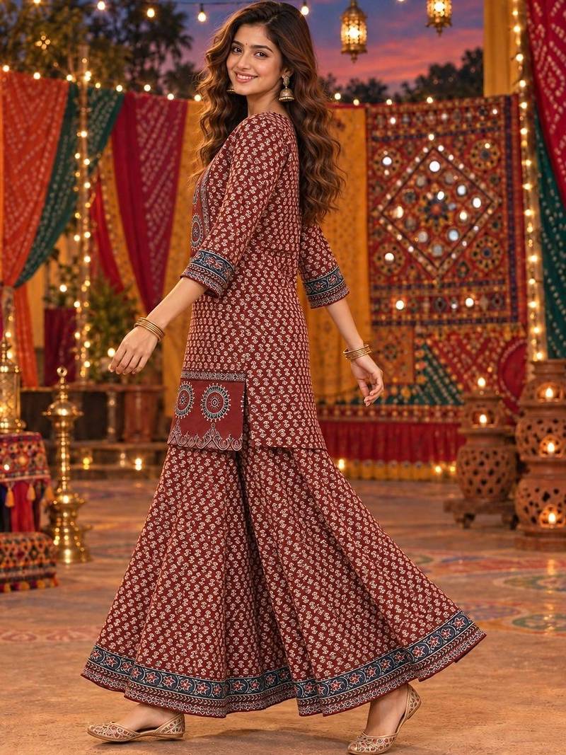 women ethnic motifs printed regular  cotton kurta with sharara & with dupatta