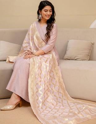 ethnic motifs printed thread work  silk kurta with trousers & dupatta 2