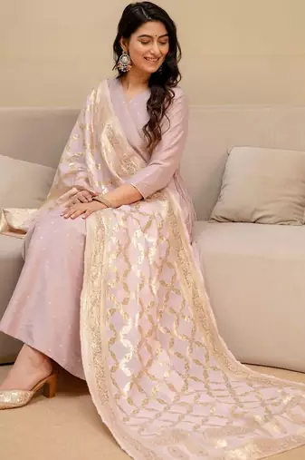 ethnic motifs printed thread work  silk kurta with trousers & dupatta