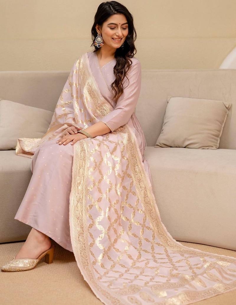 ethnic motifs printed thread work  silk kurta with trousers & dupatta