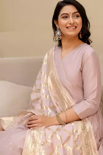 ethnic motifs printed thread work  silk kurta with trousers & dupatta